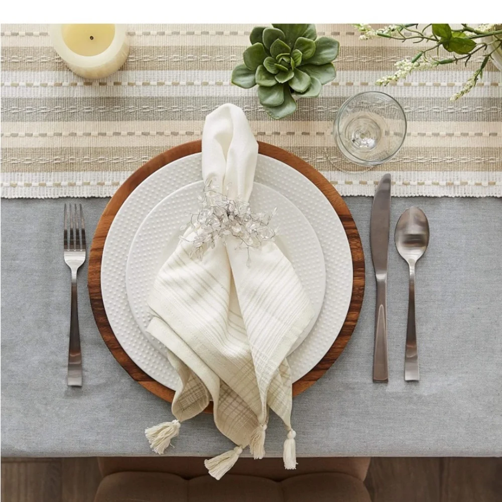 6 Pc tasseled Napkin Set 20x20 Natural variegated striped boho chic NEW